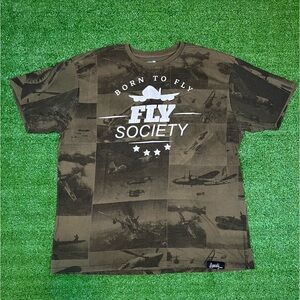 Fly Society AOP Born To Fly Vintage Aviation Fighter Pilots Army Green Y2K Tee